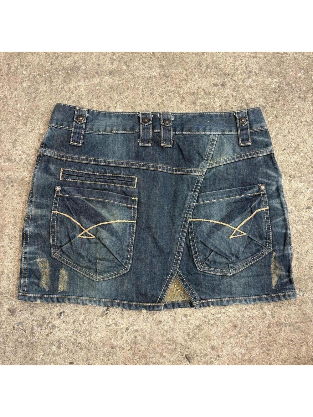 Vintage Y2K Denim Micro Mini Skirt Low Rise DW Knit Hem - Picture 2 of 5